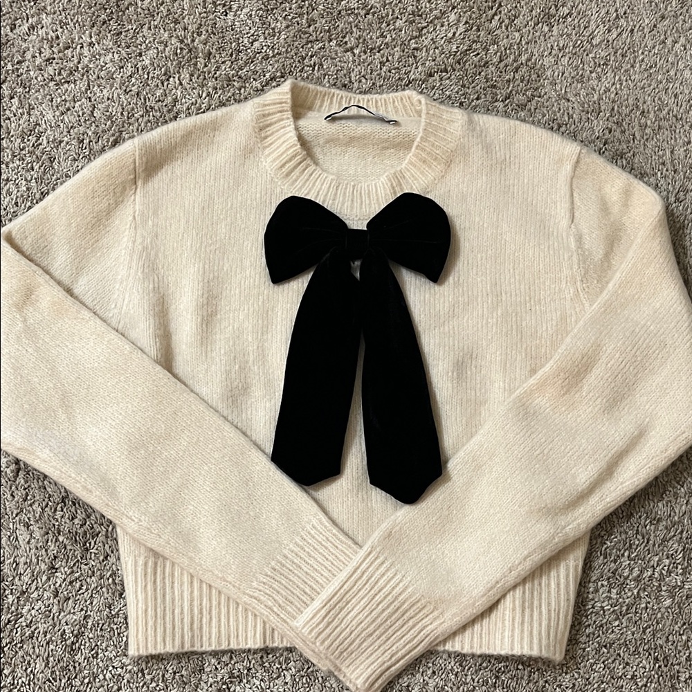 Zara cream and black velvet bow sweater.